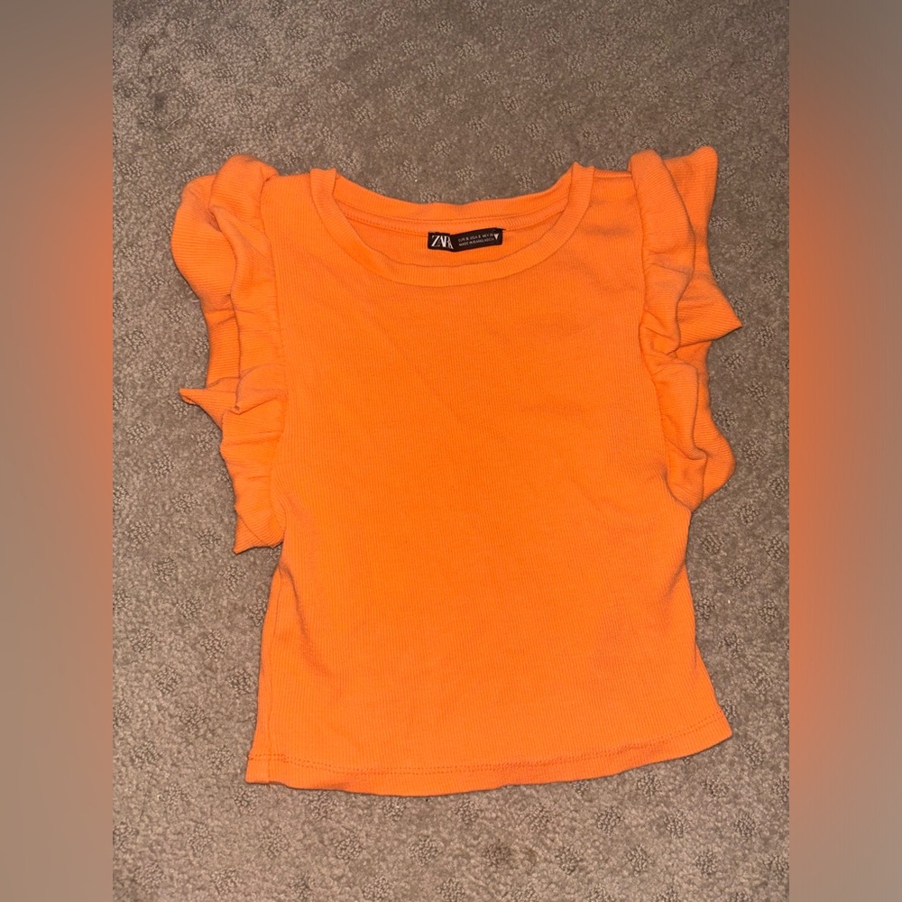 Orange Zara ribbed ruffle-sleeve top